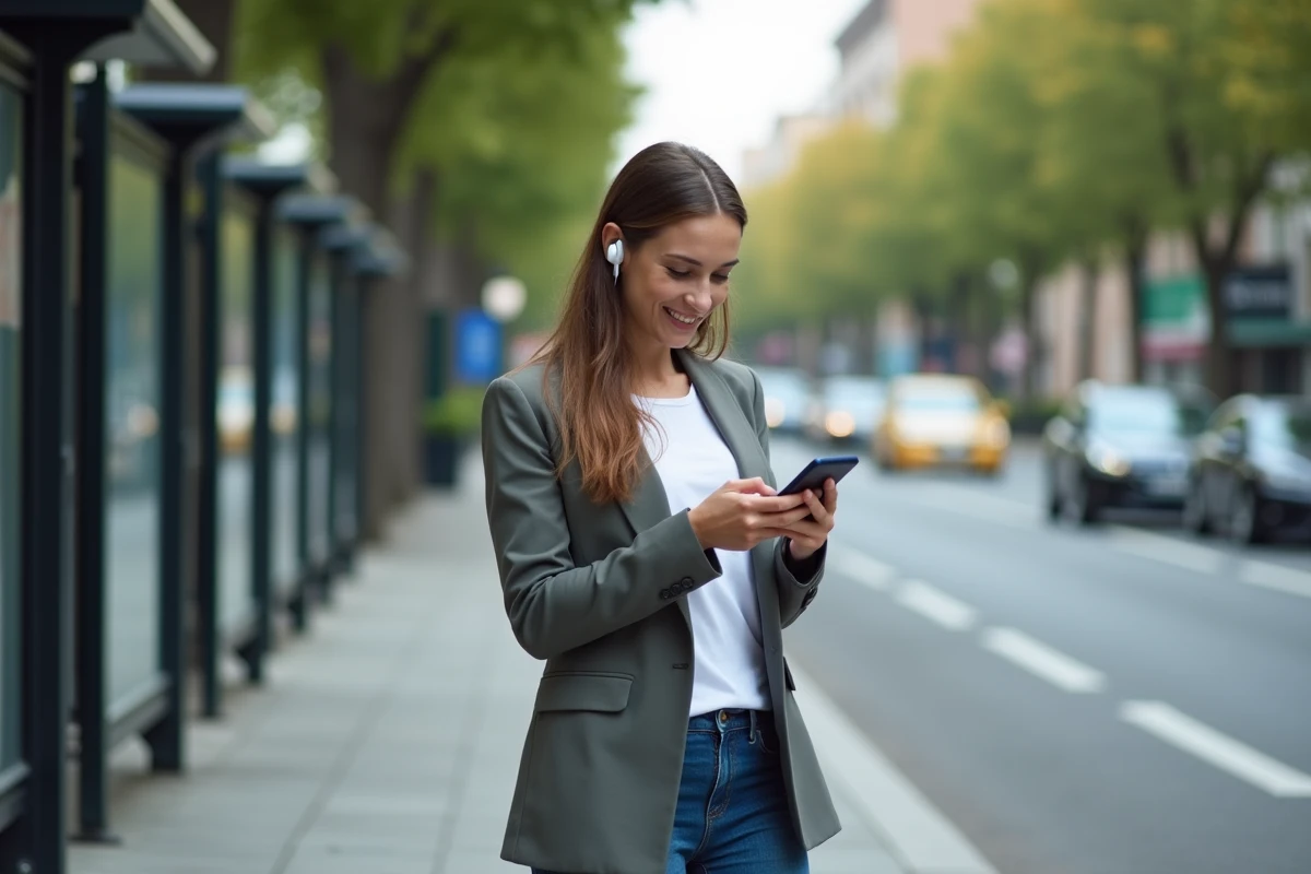 Femme urbaine souriante avec écouteurs dans la rue