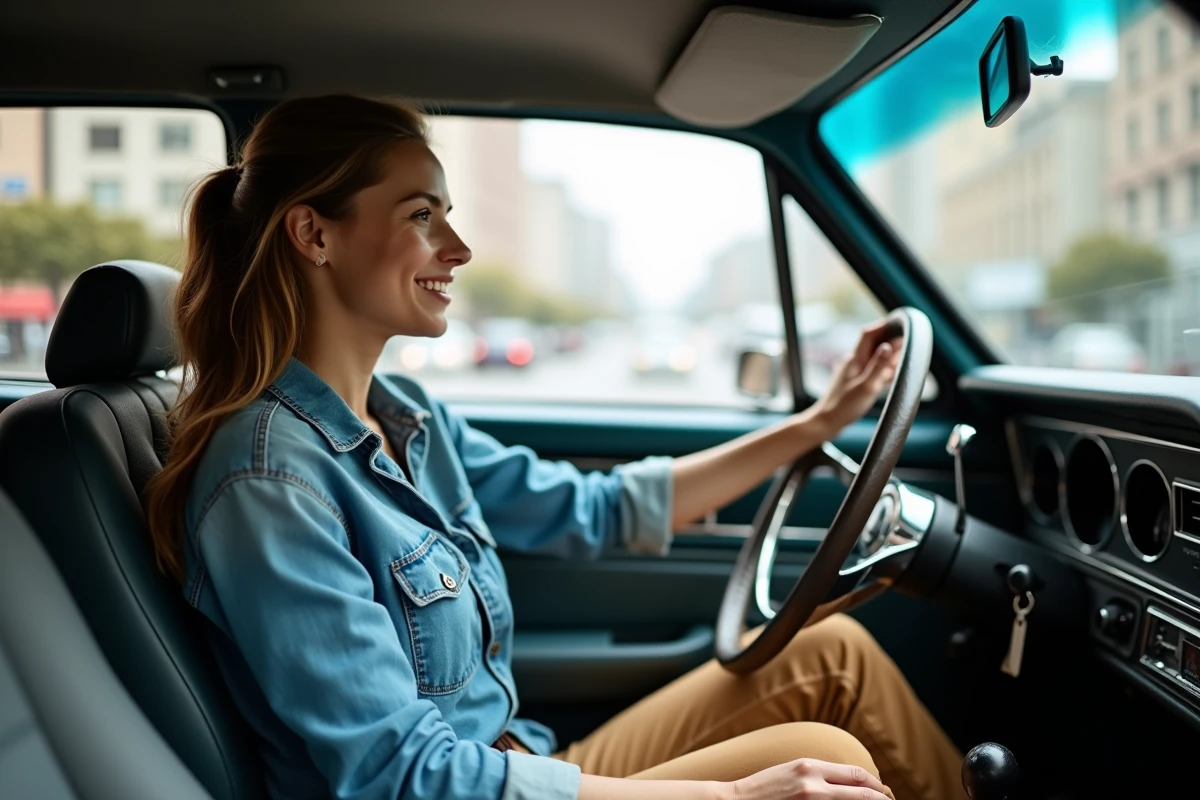 Jeune femme dans la voiture classique regarde par la fenêtre