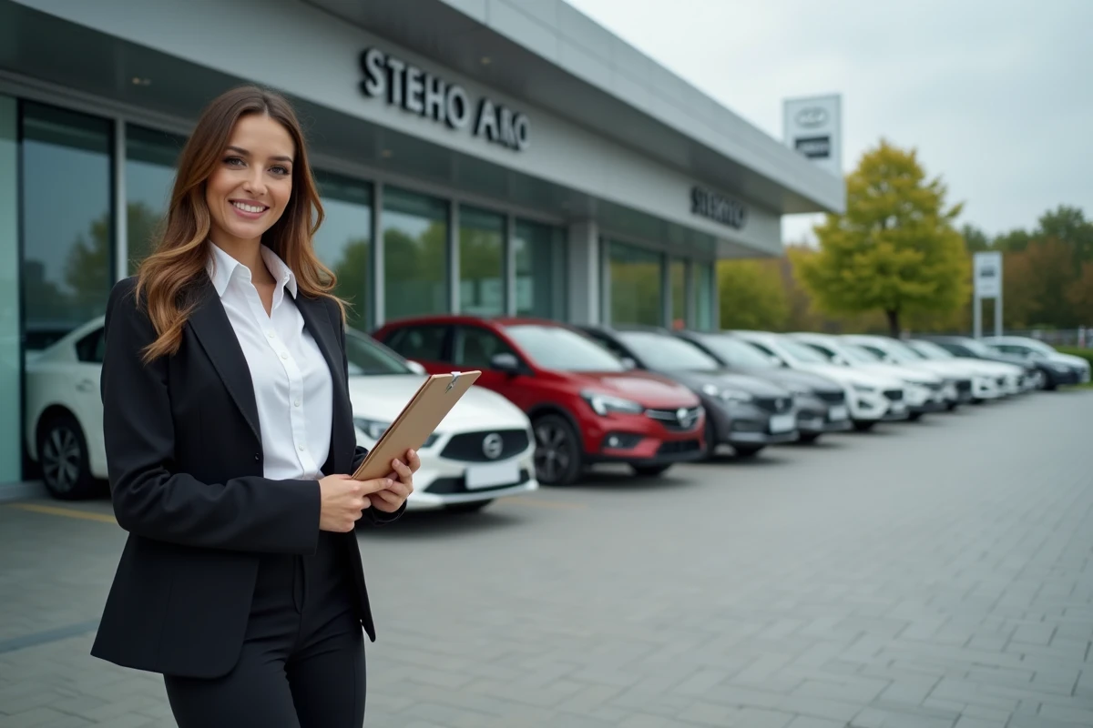 Jeune femme devant un concessionnaire automobile moderne