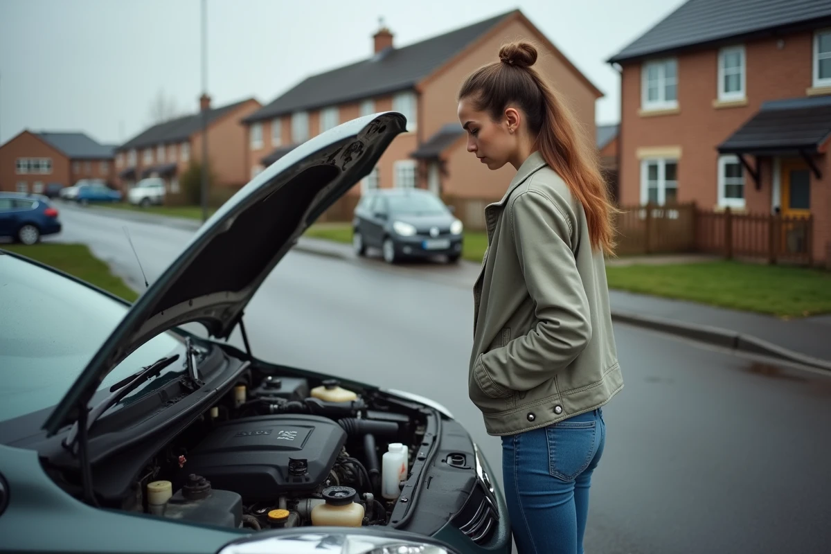 Jeune femme regarde le moteur diesel de sa voiture en ext&eacute;rieur