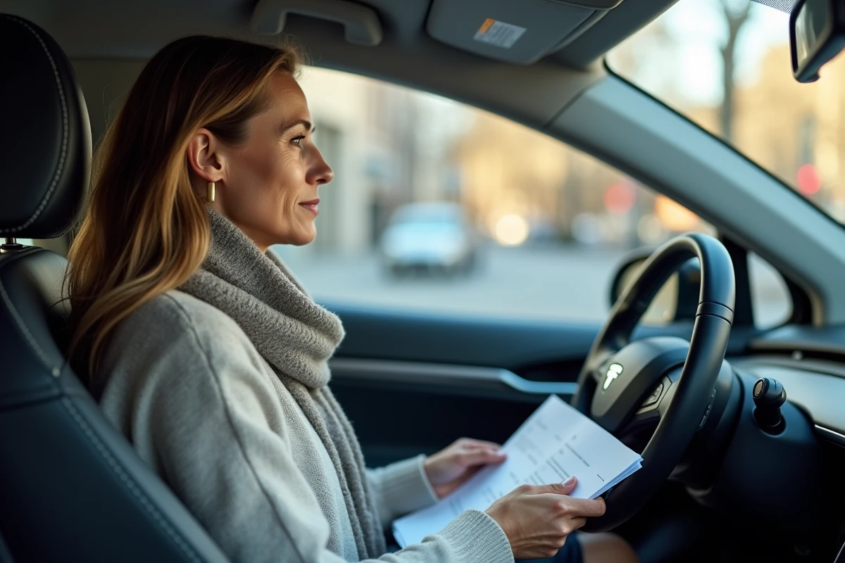Femme dans la voiture électrique regardant par la fenêtre