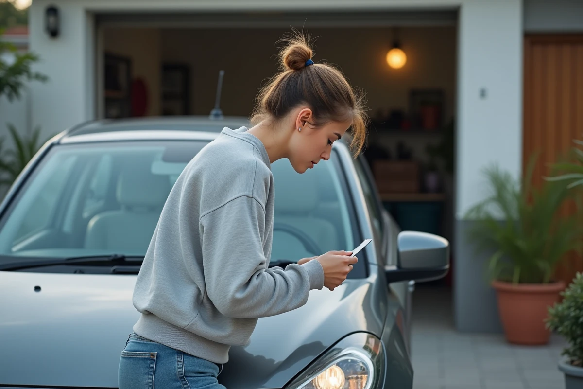 Femme cherchant le code radio dans le coffre de la voiture