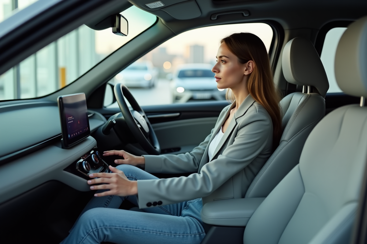 Jeune femme dans une voiture futuriste en showroom