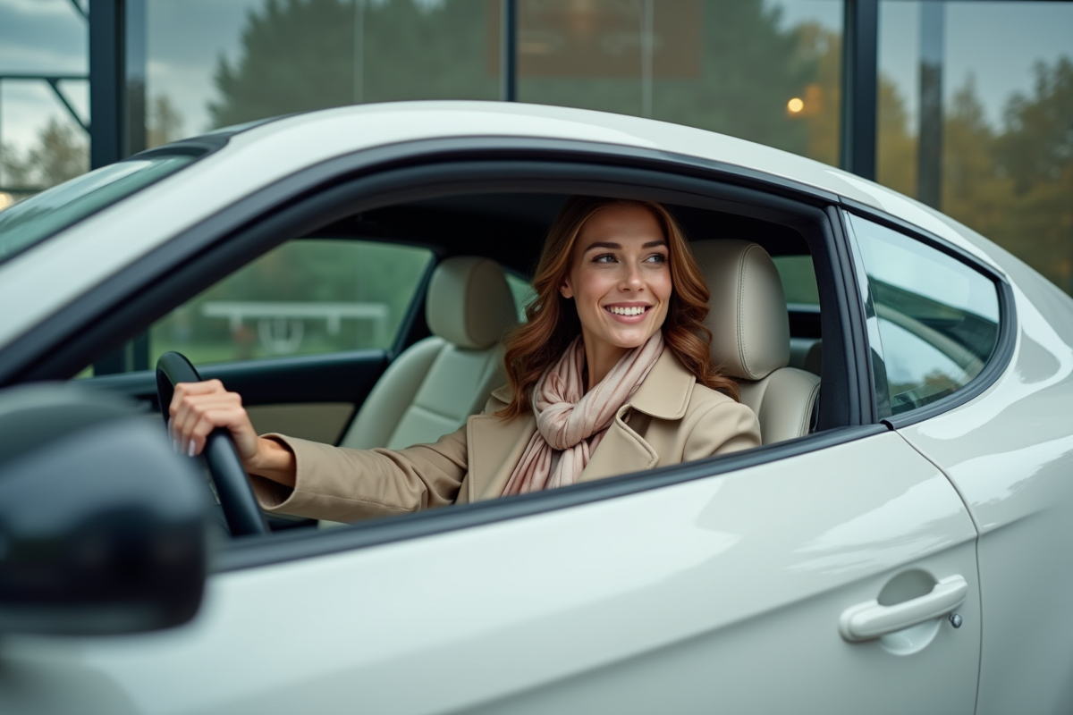 Femme chic dans une voiture blanche dans un showroom moderne