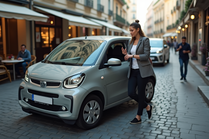 Femme en ville entrant dans une voiture compacte moderne