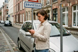 Femme consultant son smartphone devant une voiture garée dans une rue de Bruxelles avec panneau de zone à faibles émissions