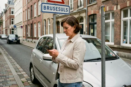 Femme consultant son smartphone devant une voiture garée dans une rue de Bruxelles avec panneau de zone à faibles émissions