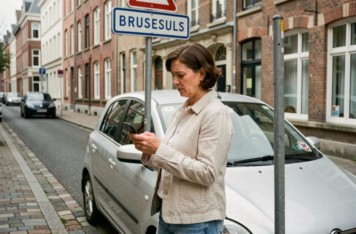 Femme consultant son smartphone devant une voiture garée dans une rue de Bruxelles avec panneau de zone à faibles émissions