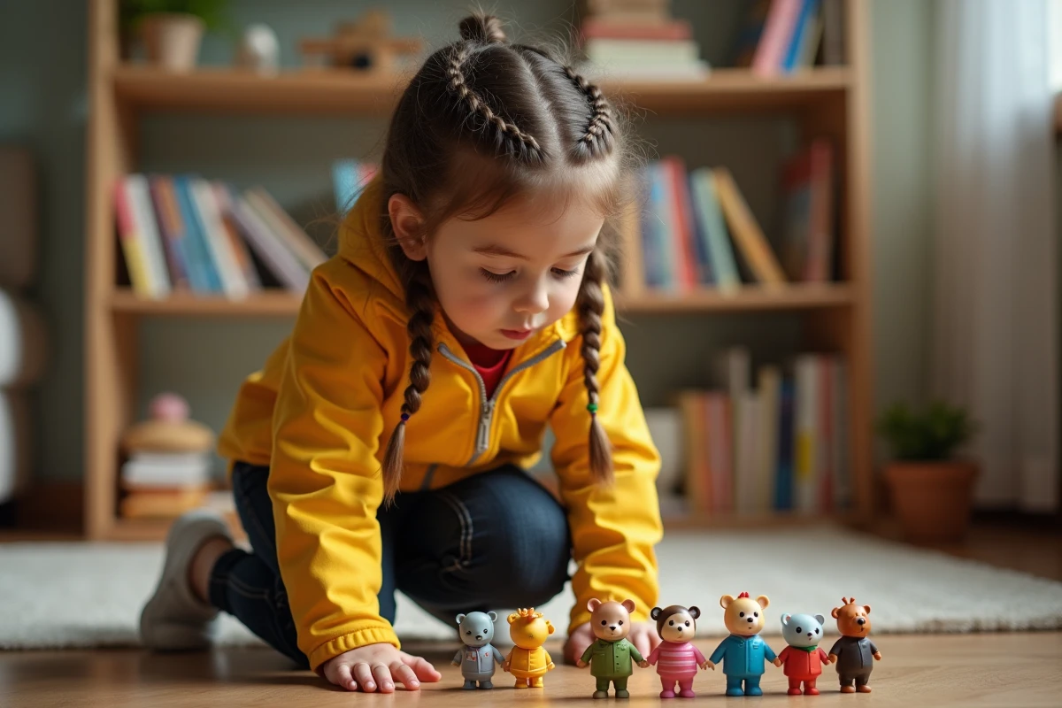 Fillette inspectant des jouets et figurines inspirés de Mister Bean dans une salle de jeux