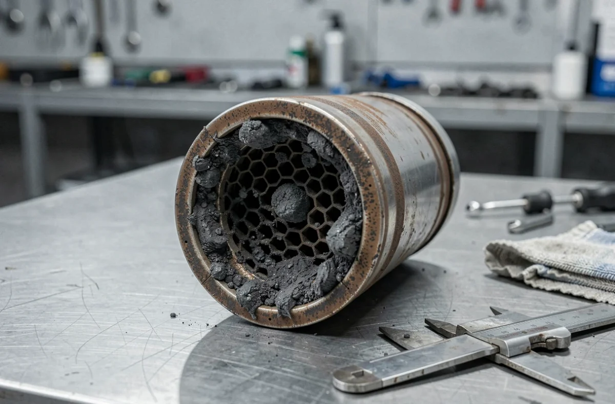 Filtre à particules diesel colmaté posé sur un établi avec dépôts de suie noire