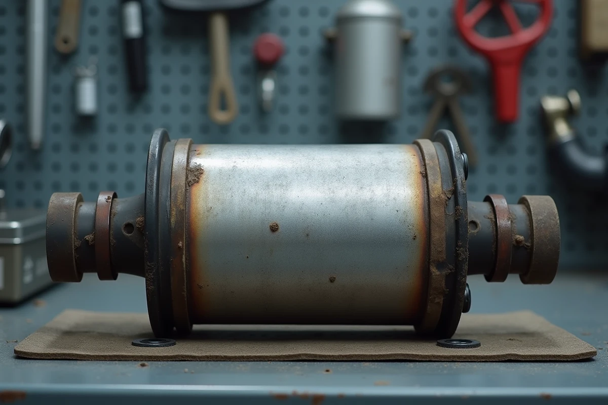 Filtre à particules FAP encrassé déposé sur établi de garage montrant des dépôts de suie et de la corrosion