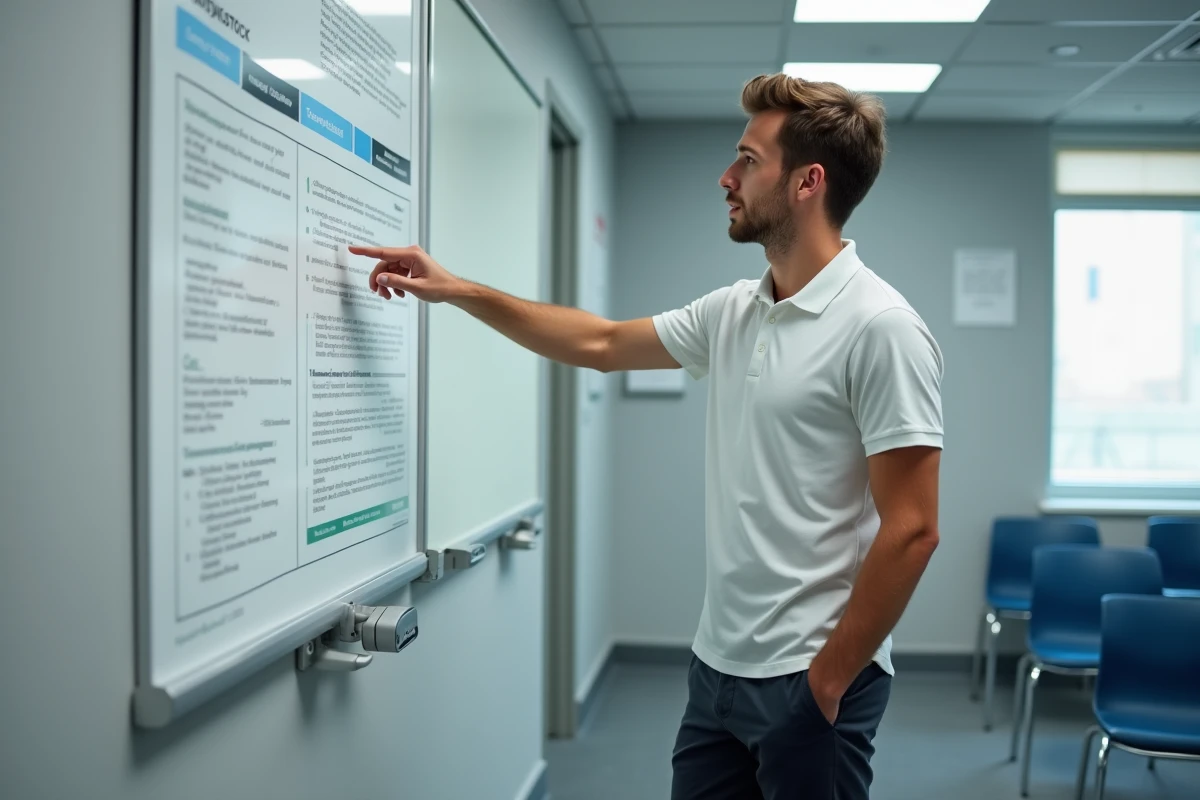 Jeune homme dans un centre de formation transport consultant un panneau sur les voies d'accès à la carte VTC par équivalence CAP BEP