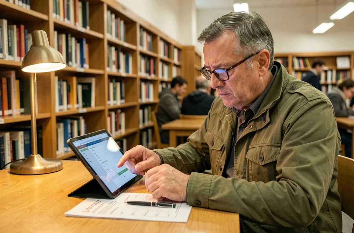 Homme senior remplissant un formulaire de carte grise en ligne sur tablette dans une bibliothèque publique