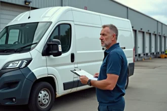 Fourgon utilitaire usagé dans un entrepôt logistique avec un gestionnaire de flotte préoccupé tenant un dossier, illustrant la mauvaise rentabilité d'un leasing de véhicule utilitaire