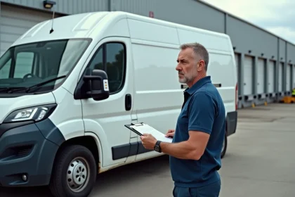Fourgon utilitaire usagé dans un entrepôt logistique avec un gestionnaire de flotte préoccupé tenant un dossier, illustrant la mauvaise rentabilité d'un leasing de véhicule utilitaire
