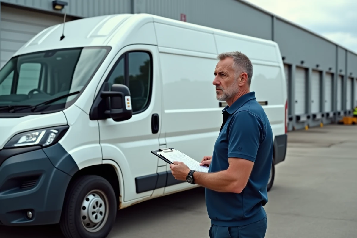 Fourgon utilitaire usagé dans un entrepôt logistique avec un gestionnaire de flotte préoccupé tenant un dossier, illustrant la mauvaise rentabilité d'un leasing de véhicule utilitaire