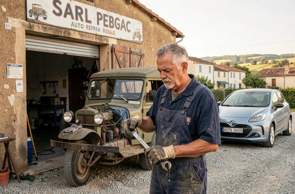 Patron mécanicien de Gagnou Patrice SARL à Bergerac devant son atelier avec un véhicule ancien et un véhicule moderne dans la cour