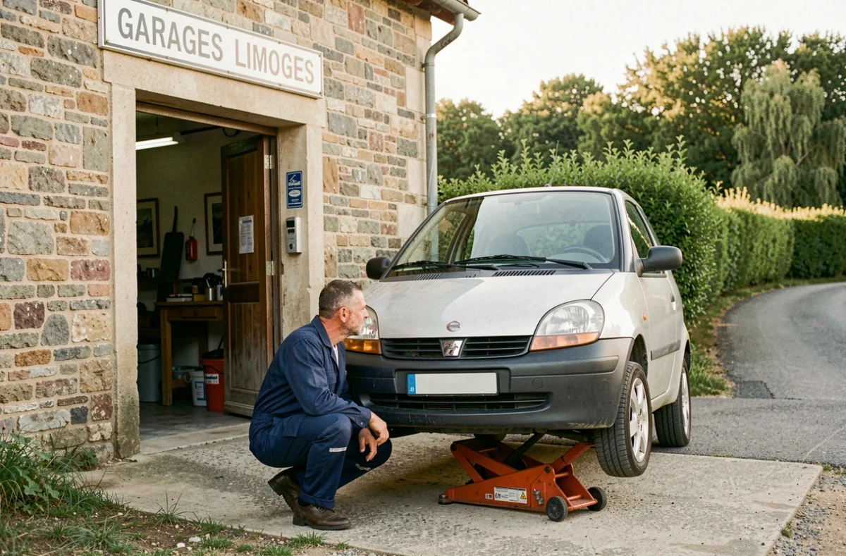 Mécanicien du Garage Alabay à Rilhac-Rancon en Haute-Vienne effectuant une réparation sur un véhicule devant un garage en pierre