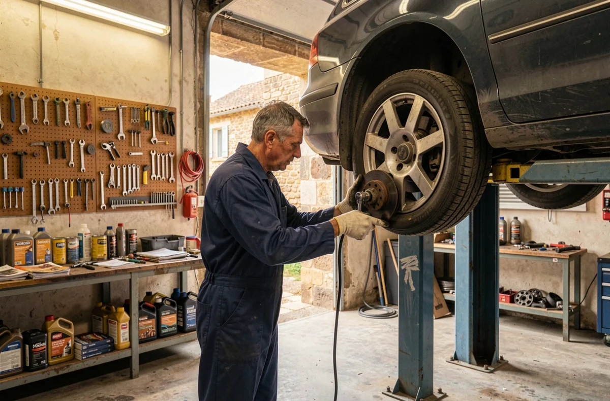 Mécanicien du Garage Alary à Bergerac travaillant sur un moyeu de roue dans un atelier familial authentique