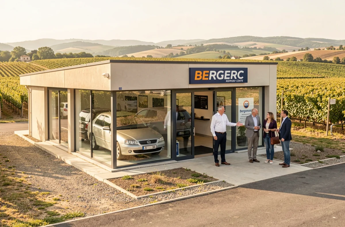 Responsable du Garage Aquitaine Automobiles à Bergerac accueillant des clients devant le showroom avec le paysage du Périgord en fond