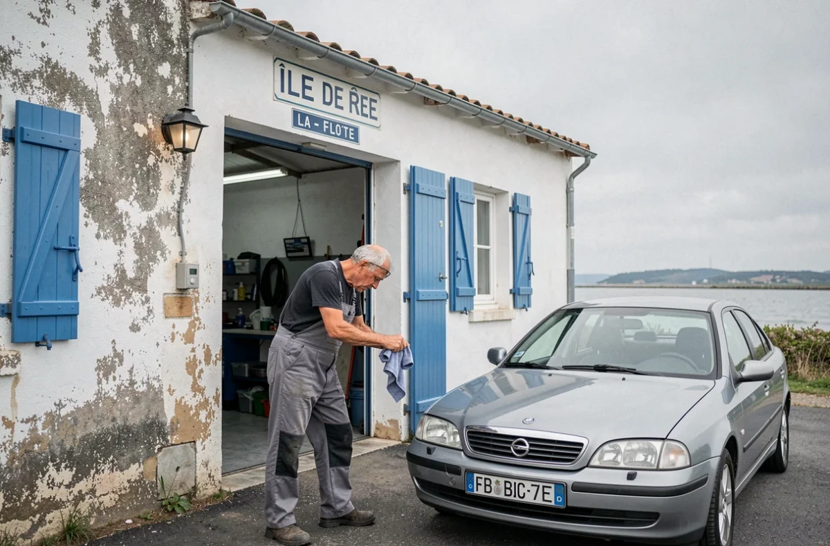 Mécanicien du Garage Chauffour à La Flotte sur l'Île de Ré devant un atelier aux murs blancs typiques de la Charente-Maritime