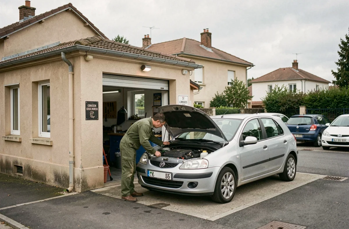 Mécanicien de Talandier à Couzeix en Haute-Vienne inspectant le moteur d'une voiture dans le forecourt du garage