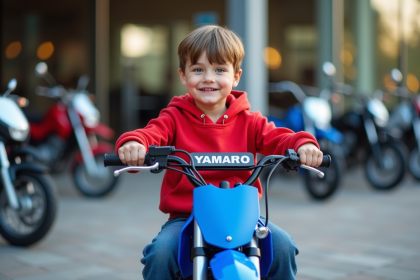 Garçon souriant sur une mini moto Yamaha PW 50