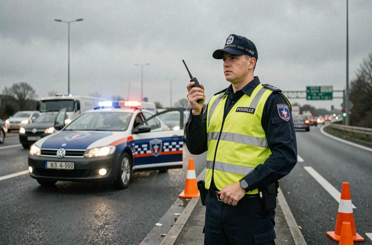 Gendarme français gérant la circulation après un accident sur la rocade de Rennes avec balisage orange