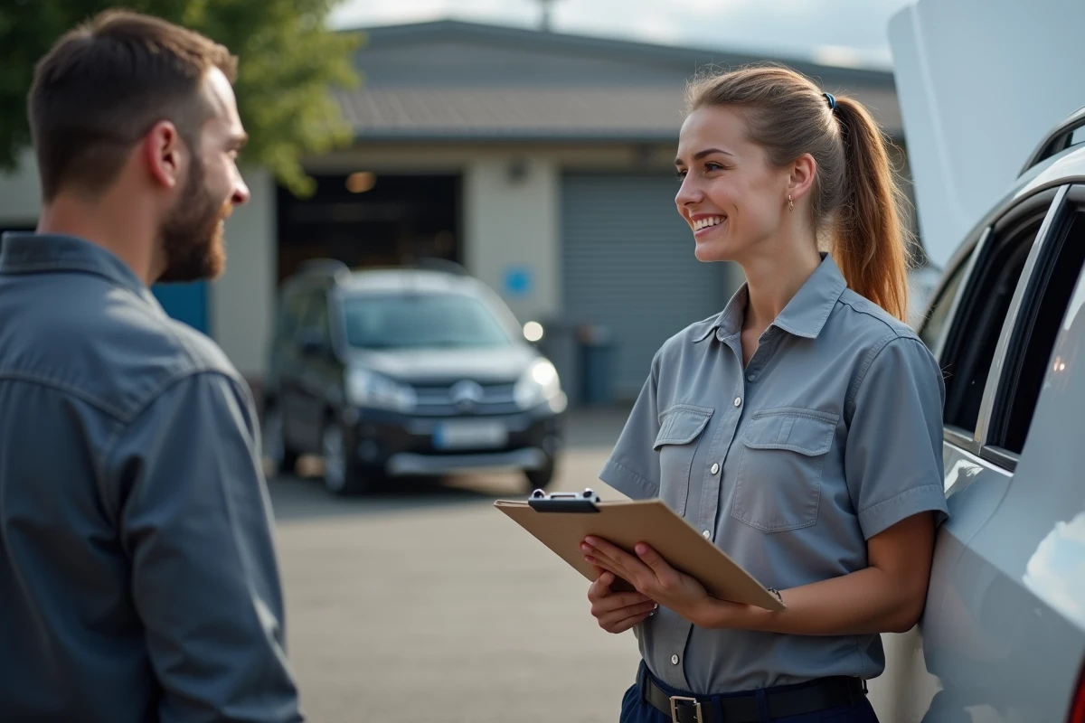 Jeune femme gestionnaire auto discutant &agrave; c&ocirc;t&eacute; d une voiture en ext&eacute;rieur
