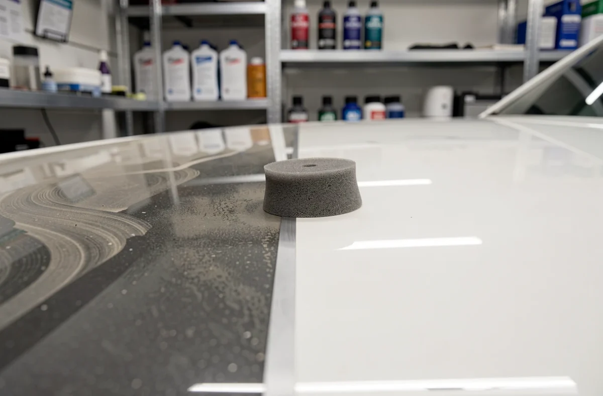 Gros plan sur un capot de voiture blanc montrant le contraste entre vernis terne et vernis restauré après polish carrosserie