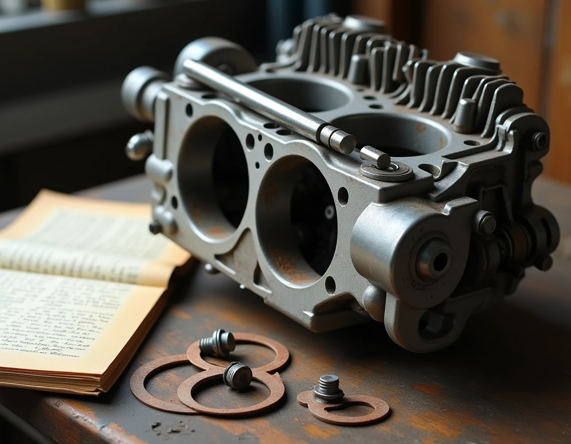 Gros plan sur un moteur de moto vintage en cours de remontage avec clé dynamométrique, joint de culasse et manuel technique annoté