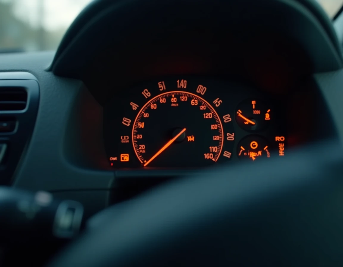 Gros plan sur les voyants d'avertissement allumés du tableau de bord d'une Peugeot 208 lors d'un problème de démarrage