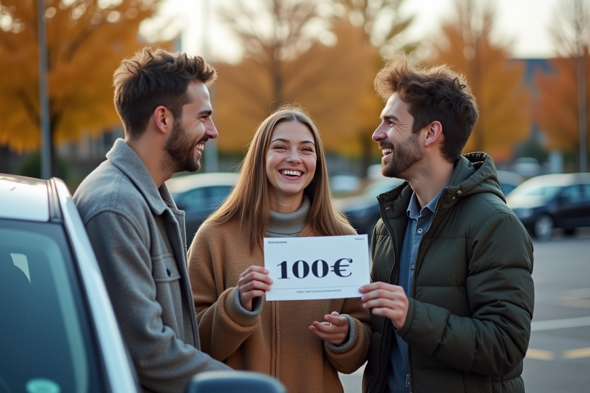 Groupe de jeunes avec un bon de 100 euros dans un parking