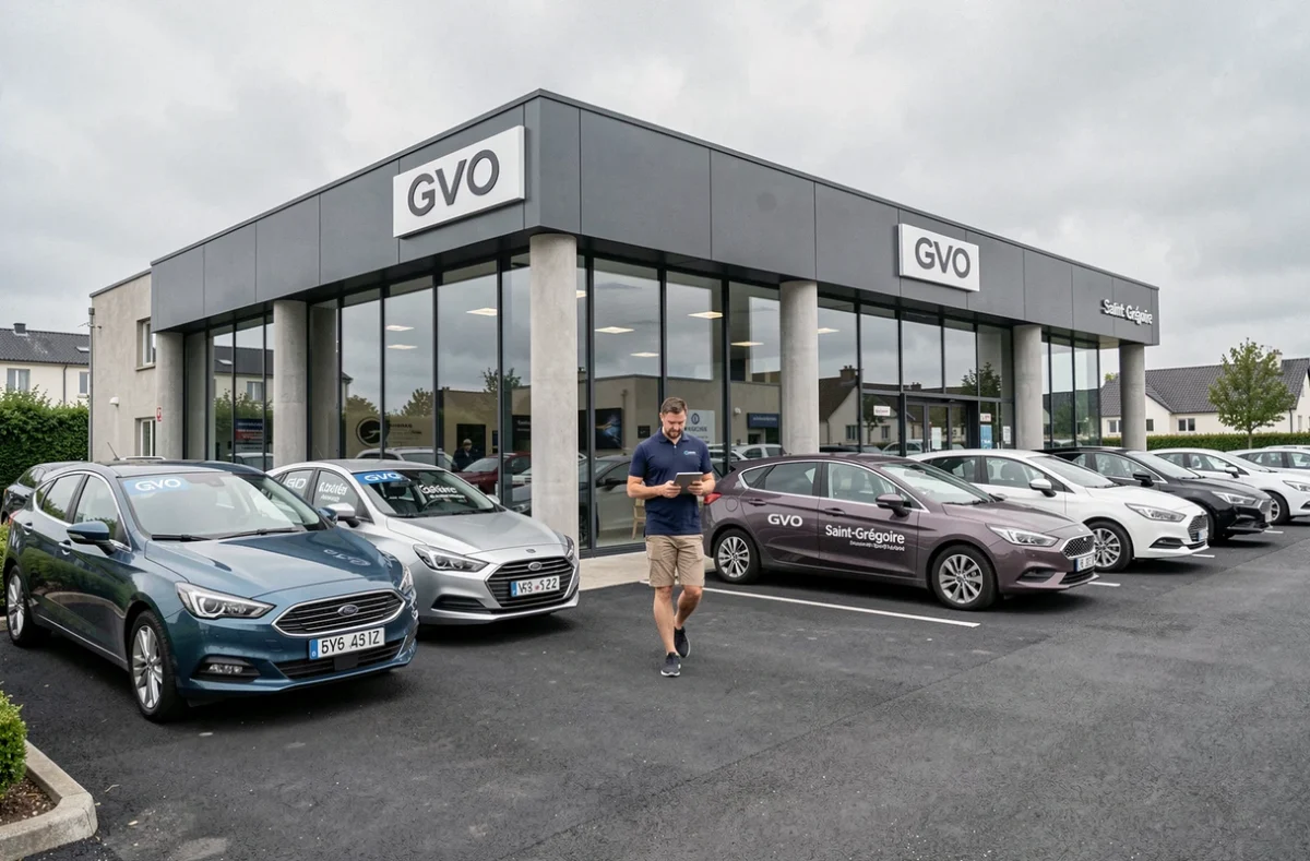 Extérieur du site GVO Rennes Saint-Grégoire avec showroom moderne et véhicules d'occasion exposés sur le parvis