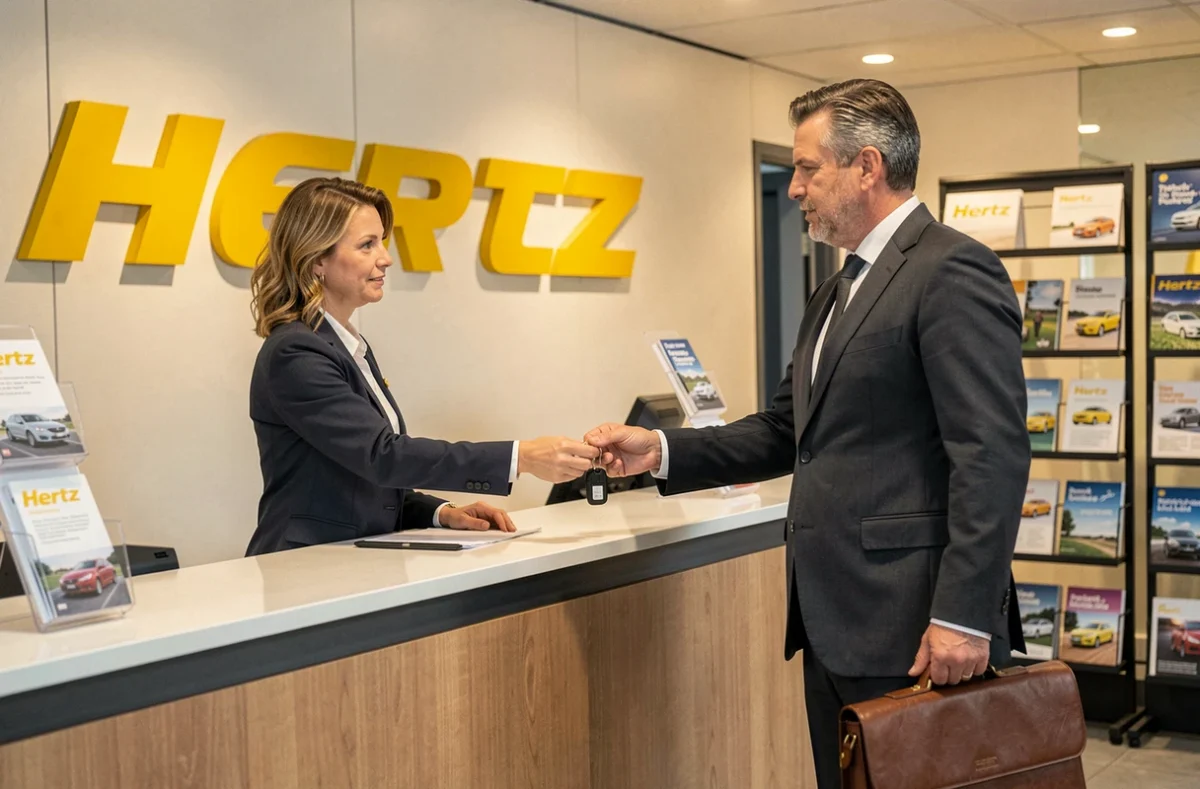 Comptoir Hertz avec une employée remettant les clés d'un véhicule à un client professionnel dans une agence moderne