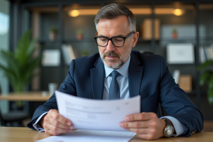 Homme d'affaires en costume bleu compare des documents d'assurance