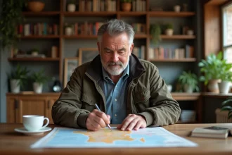 Homme d'âge moyen étudie une carte de France à la maison