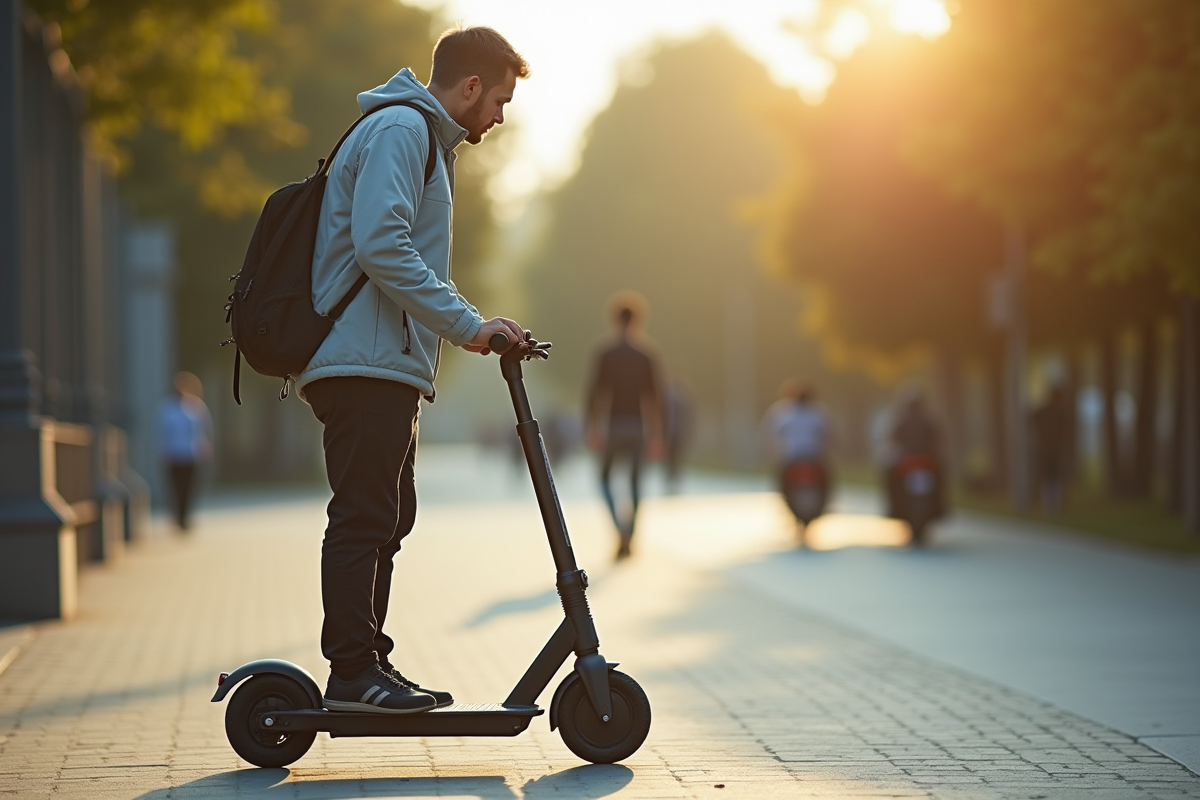 Homme adulte comparant la taille d'un scooter standard en extérieur