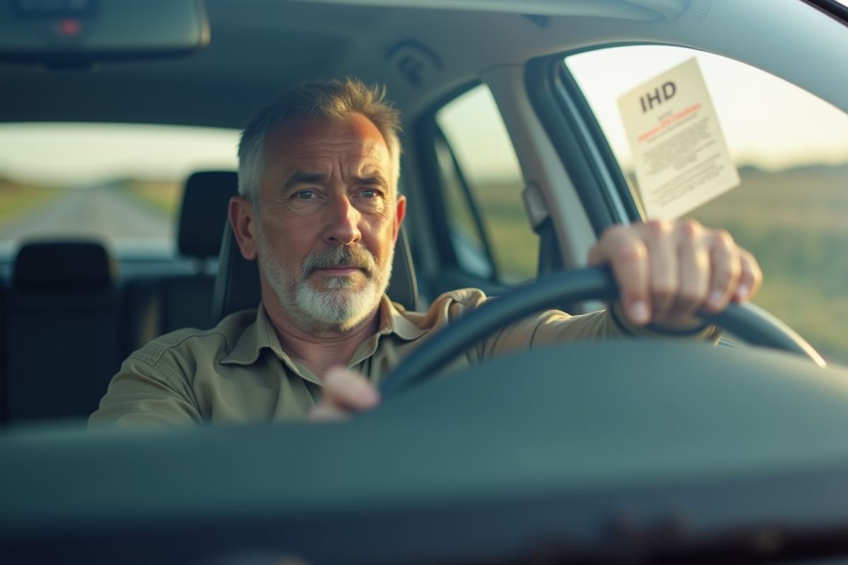 Homme détendu tenant son permis de conduire dans une voiture