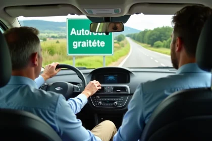 Homme d'&acirc;ge moyen dans sa voiture regardant un panneau autoroute gratuite