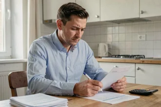 Homme examinant un contrat de leasing voiture à 59 euros par mois sans apport, stylo en main à la table de cuisine