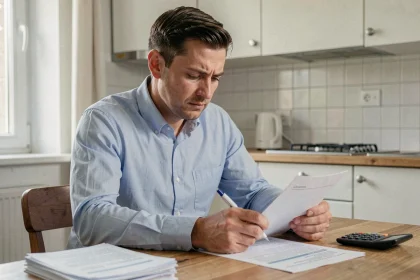 Homme examinant un contrat de leasing voiture à 59 euros par mois sans apport, stylo en main à la table de cuisine