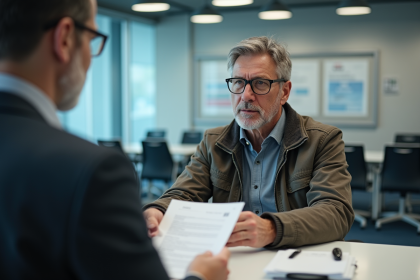 Homme d'âge moyen remettant documents de voiture en bureau