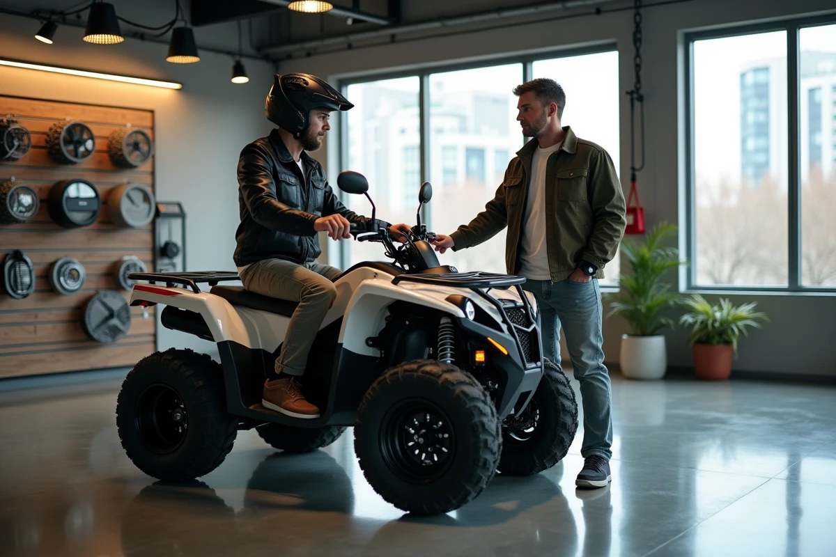 Homme et instructeur discutant avec quad électrique en showroom