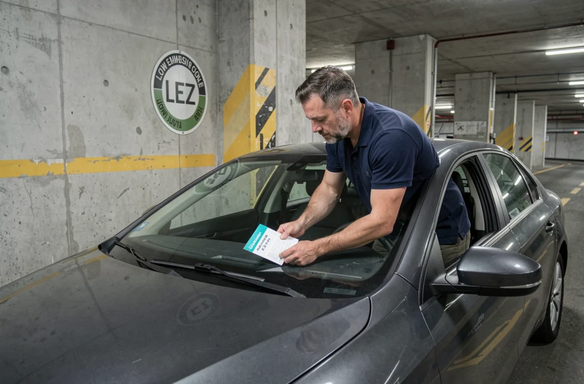 Homme vérifiant un document de zone à faibles émissions à l'entrée d'un parking souterrain à Bruxelles