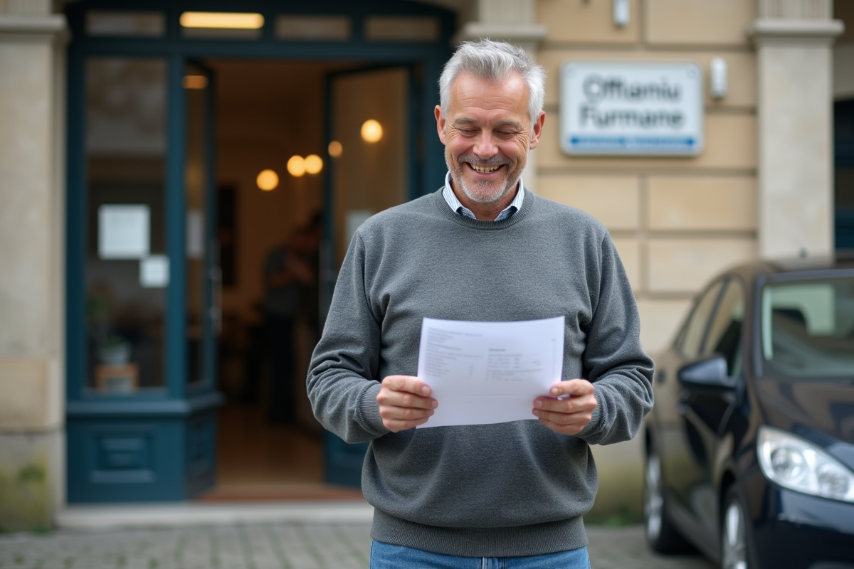 Homme vérifiant un formulaire de voiture devant un bâtiment officiel