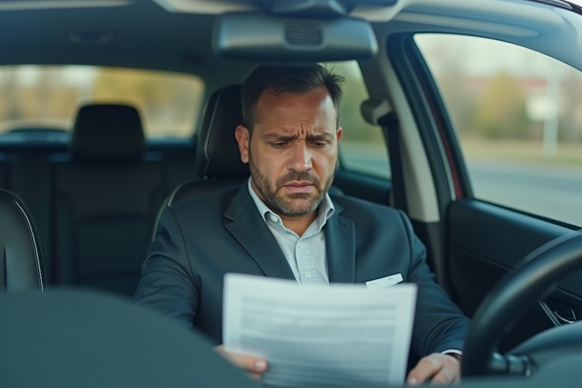 Homme inquiet en voiture regardant des documents d'assurance