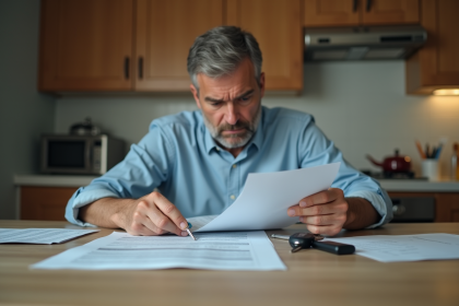 Homme inquiet examinant des papiers de leasing voiture