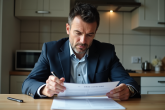 Homme d'âge moyen examinant un document officiel français