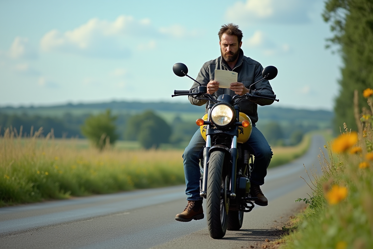 Homme avec moto dans un paysage rural calme